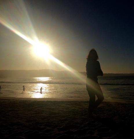Sun on a beach with figure in silhouette.